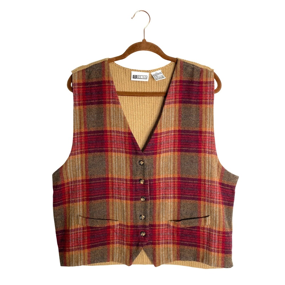 Vintage Russ 90s Plaid Wool Sweater Vest Dark Academia Whimsigoth Grunge Fall